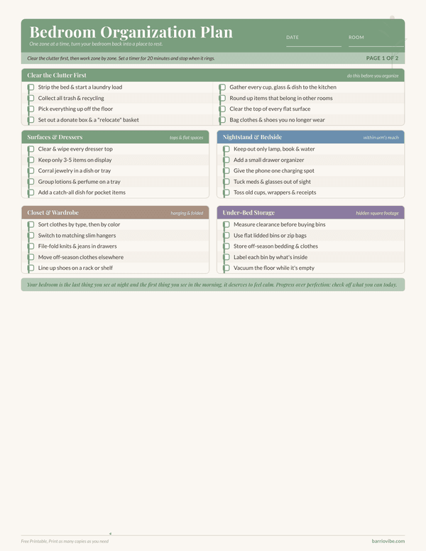 Preview of Bedroom Organization Plan, Free Printable